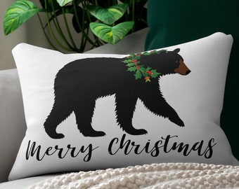 Festive Black Bear Lumbar Pillow with Holly Wreath & "Merry Christmas", Perfect Holiday Decor, Christmas Cabin Decor, Black Bear Gift Decor