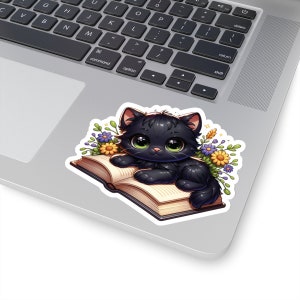 Black Cat Sticker, Black Cat on Book Sticker, Bookish Cat Sticker, Gifts for her, Gifts for him, Reading Sticker, Floral Cat and Book Lovers