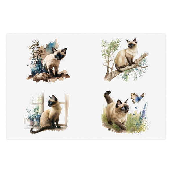 Siamese Cat Sticker Sheet, Stickers, Stickers Sheet, Cat Lover Gift, Siamese, Laptop Stickers, Cats, Cat Stickers, Watercolor Siamese Cats
