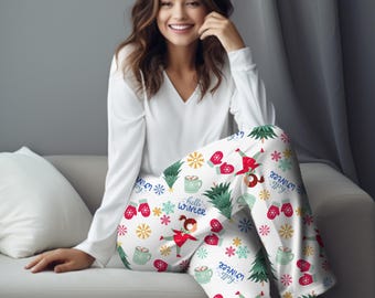 Pantalon de pyjama sur le thème de l'hiver, tenue de détente pour femme avec motif patineur sur glace, cadeau pantalon de pyjama sur le thème du patinage pour elle, pantalon de pyjama pour femme