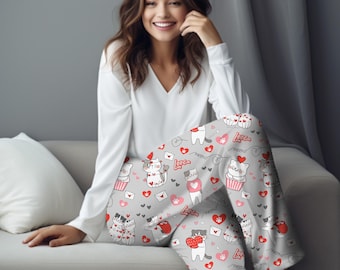 Cat Be My Valentine パジャマパンツ、猫好きの方へのプレゼント、猫とハート柄パジャマ、彼女へのギフト、レディースパジャマ、猫好きの方へのバレンタインテーマのパジャマパンツギフト