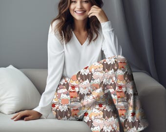 Pantaloni del pigiama a forma di gatto kawaii, pigiama da donna autunnale boho, pantaloni del pigiama per amanti dei gatti, kawaii, regalo a forma di gatto per lei, regalo di pantaloni da salotto per lei
