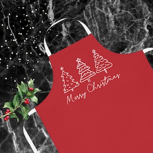 Merry Christmas Tree Apron, Red Apron with White Straps, Holiday Apron, Cooking and Baking Apron, Gift for Him, Gift for Her, Christmas Gift