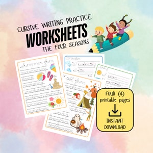 Puede incluir: Cuatro hojas de trabajo imprimibles para practicar la escritura cursiva, cada una con una estación diferente: verano, otoño, invierno y primavera. Cada hoja de trabajo incluye una ilustración colorida y una lista de palabras relacionadas con la estación.