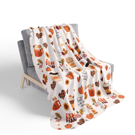 Fall Vibes Sherpa Fleece Blanket, Pumpkins, Leaves, Pumpkin Lattes