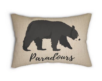 Black Bear Lumbar Pillow with  "Parad'ous", Perfect Black Bear Decor, Cabin Decor, Black Bear Gift Decor