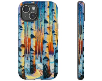 May include: A phone case with a colorful abstract painting of birch trees in a forest. The trees are painted in shades of blue, yellow, orange, and white. The background is a light blue.