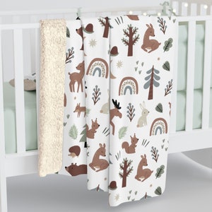 Woodland Baby-Dusche-Decke, Sherpa-Fleece-Decke, Woodland-Kinderzimmerdekor, Waldtiere, Waldland-Decke für Baby Jungen- oder Mädchengeschenk