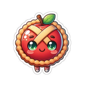 May include: A cartoon apple pie with a cute face, wearing red shoes and a bandage over its red apple filling. The pie has a golden brown crust and a green leaf on top.