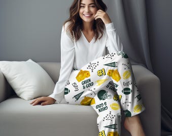 Zielono-złote spodnie piżamowe Wisconsin Football, spodnie wypoczynkowe Green Bay, prezent urodzinowy, prezent dla miłośników futbolu, prezent piżamowy dla niej, Green Bay