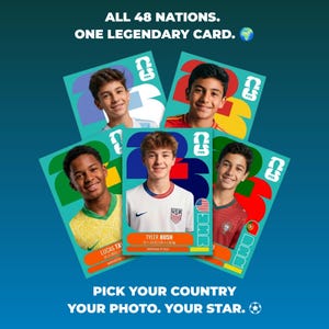 以下が含まれることがあります： 各国のユニフォームを着た若いサッカー選手が描かれた5枚の長方形のトレーディングカード。各カードには大きな数字の23、FIFAロゴ、選手情報が記載されています。中央のカードには、アメリカ代表の白いユニフォームを着たタイラー・ブッシュが写っています。