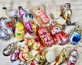 Vintage Glass Christmas Tree Ornaments - Christmas tree decorations -8.  Glass Christmas tree decorations: dog, fish, bear. Ukraine vintage