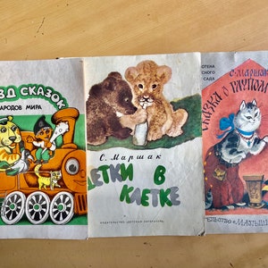 Vintage kinderboeken, set van 3, in het Russisch, sprookjes, verhalen, jaren 80, grappige illustraties, boeken over kindertijd. Groot formaat