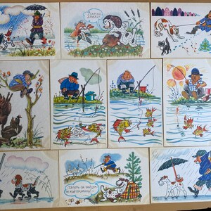 Cartes postales humoristiques anciennes avec un chasseur et un pêcheur. Souvenir amusant. 1968. Lot de 10 pièces. Cartes postales de l'URSS