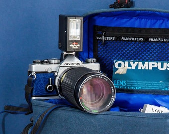 Olympus OM-1n with Custom Blue Grip - a 35mm Film Camera and 50-200mm Lens with Kit