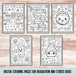 May include: Five black and white digital coloring pages featuring cute food illustrations, including donuts, ice cream, and drinks. The text at the bottom reads "DIGITAL COLORING PAGES FOR RELAXATION AND STRESS RELIEF."