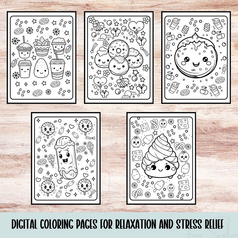 May include: Five black and white digital coloring pages featuring cute food illustrations, including donuts, ice cream, and drinks. The text at the bottom reads "DIGITAL COLORING PAGES FOR RELAXATION AND STRESS RELIEF."