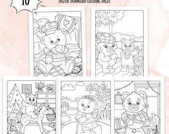 Cute Kawaii Teddy Bear Coloring Book, 10 Printable Pages (PDF)