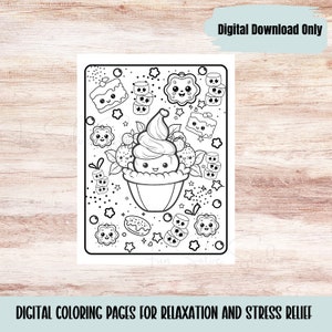 May include: Black and white digital coloring page featuring a cupcake with a smiling face, surrounded by other desserts and stars. The text "Digital Download Only" is at the top, and "DIGITAL COLORING PAGES FOR RELAXATION AND STRESS RELIEF" is at the bottom.