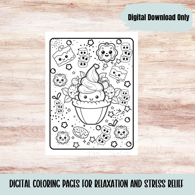 May include: Black and white digital coloring page featuring a cupcake with a smiling face, surrounded by other desserts and stars. The text "Digital Download Only" is at the top, and "DIGITAL COLORING PAGES FOR RELAXATION AND STRESS RELIEF" is at the bottom.