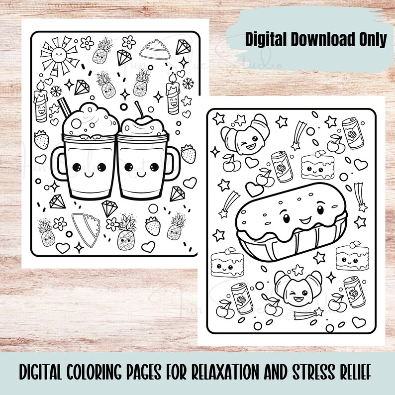 May include: Two black and white digital coloring pages featuring cute food and drink illustrations. One page has two smiling coffee drinks, the other has a smiling eclair, croissant, and other food items. Text reads "Digital Download Only" and "DIGITAL COLORING PAGES FOR RELAXATION AND STRESS RELIEF."