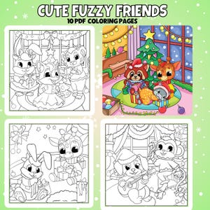 Cute Cozy Christmas Coloring Pages, Bold and Easy For Teens and Adults,Digital Download,Kawaii Animal Digital Pages,Simple Relaxing Coloring