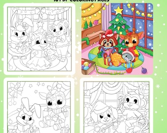 Cute Christmas Coloring Pages, Kawaii Animals, Teens and Adults (Digital Download)