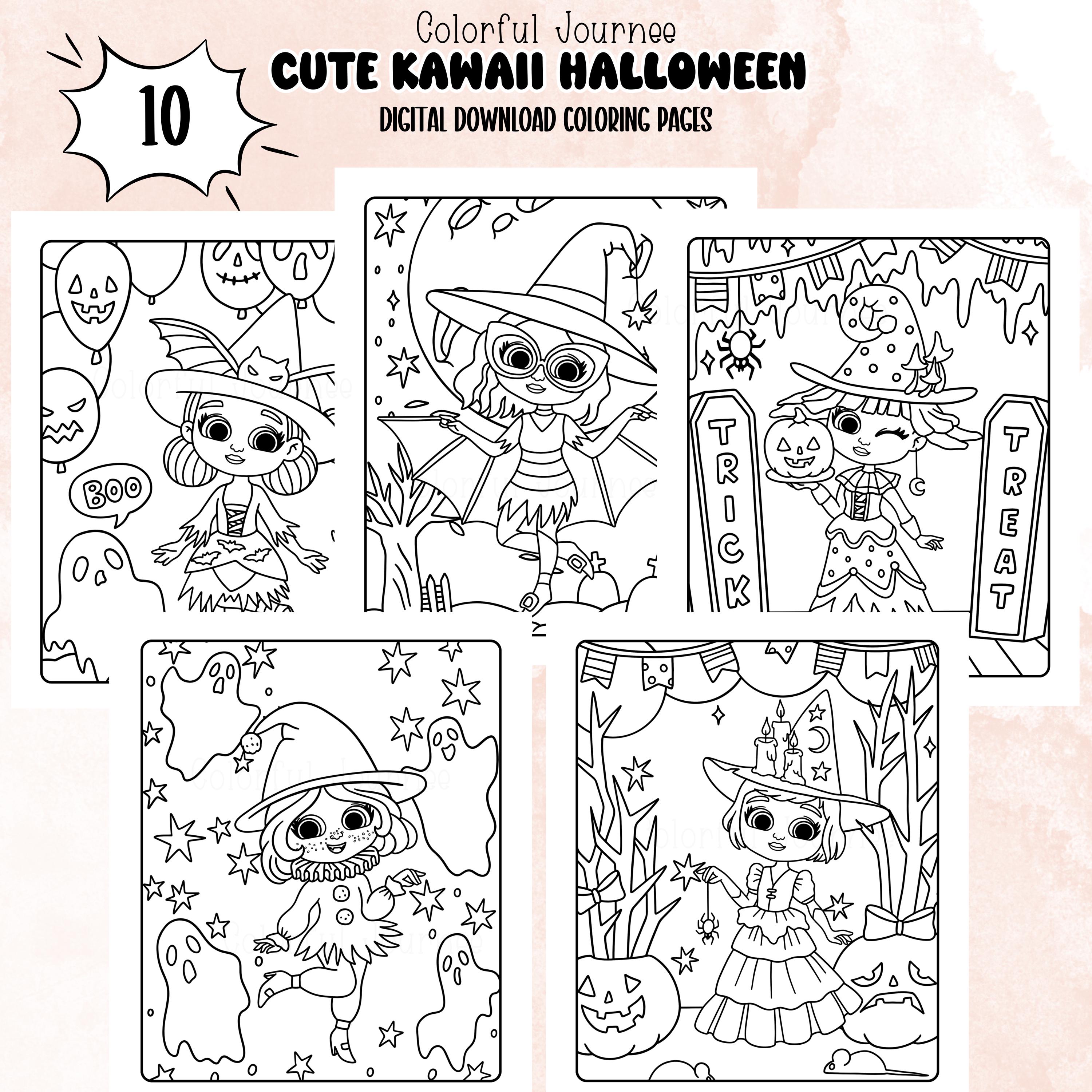 Cute Kawaii Halloween Coloring Book Pages, Cozy Coloring Pages, Spooky ...