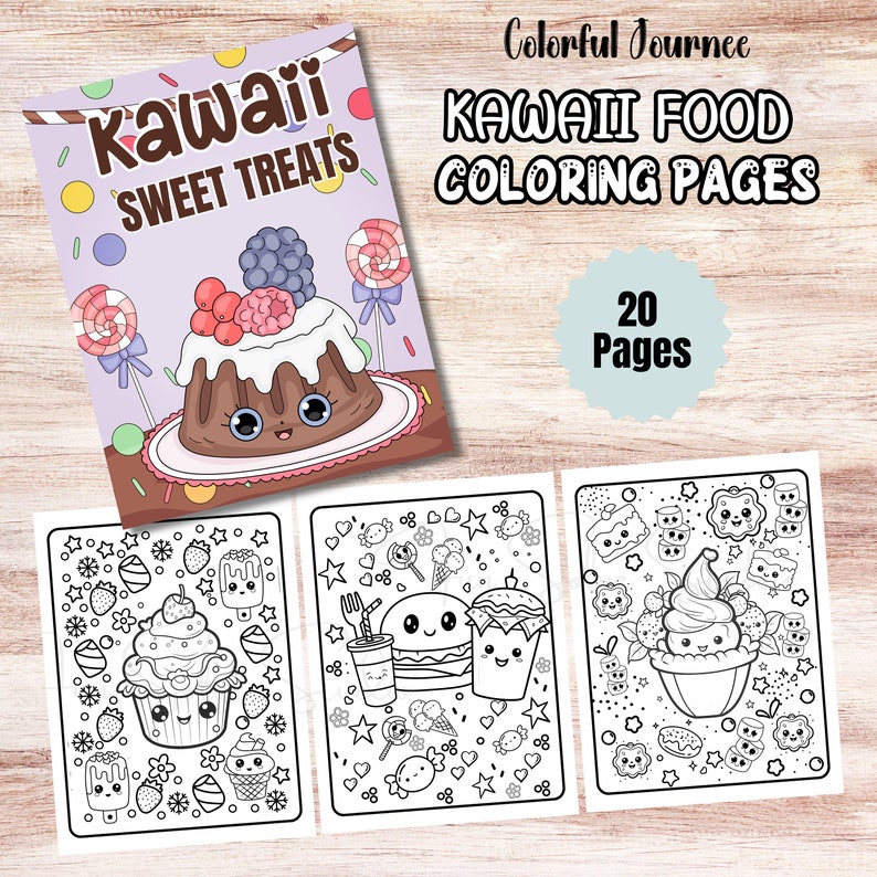 May include: A Kawaii Sweet Treats coloring book with 20 pages, featuring adorable food illustrations. The cover displays a cute dessert with berries and a smiling face. The pages showcase various desserts and treats ready to be colored.