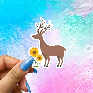 Adorable Deer Sunflower Sticker - Adorable Cartoon Bambi with Blooming Flowers