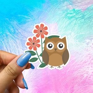 Adorable Owl Sunflower Sticker - Adorable Cartoon Owl with Blooming Flowers