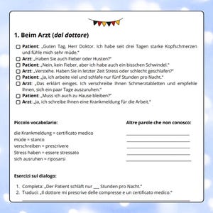 May include: A white paper with text in German and Italian, titled "Beim Arzt (dal dottore)". It includes dialogue, vocabulary, and exercises. A banner of colorful flags is at the top.