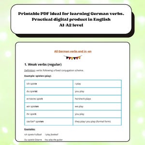 Peut inclure: Un PDF imprimable pour l'apprentissage des verbes allemands, adapté aux apprenants de niveau A1-A2. Le document, en anglais, présente un tableau détaillant les conjugaisons des verbes faibles, avec des exemples comme "spielen (jouer)" et leurs traductions.