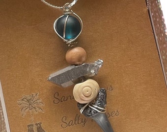Real Handpicked Sharks Tooth with  Crystal Pendant on Sterling Silver 18in Serpentine Chain Necklace | Authentic  Beach Jewelry |