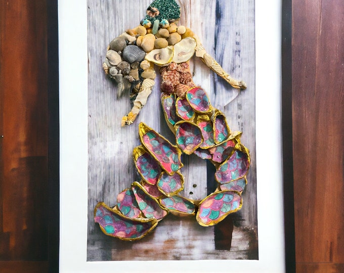 Gorgeous Coastal Oyster, Shark Tooth, &  Shell Mosaic Mermaid Wall Decor