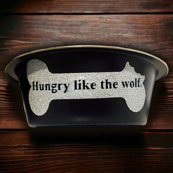 Hungry like the Wolf Glitter Bone on Black Dog Bowl in Gold or Silver