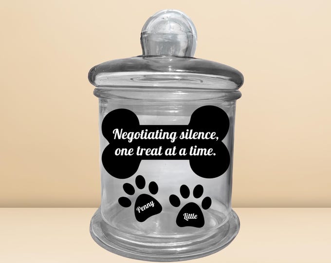 Featured listing image: Funny Dog Treat Jar, Custom Name Dog Jar, Personalized Treat Container, Negotiating Silence One Treat at a Time, Treat Jar, Treat Display