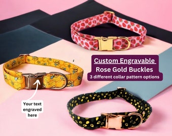 Custom Engraved Strawberry Pink, Bumble Bee, or Avocado Collar w Rose Gold Detail