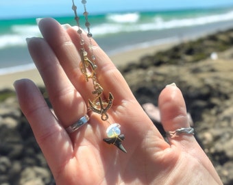 10 karat gold plated sharks tooth  18in  necklace with anchor & quartz | Authentic  Beach Jewelry |