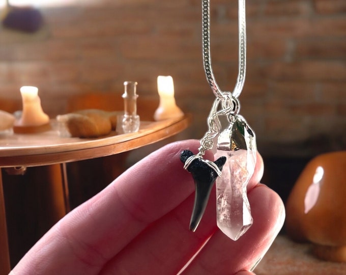 Real Handpicked Sharks Tooth with Quartz Crystal Pendant on Sterling Silver 18in Serpentine Chain Necklace | Authentic  Beach Jewelry |