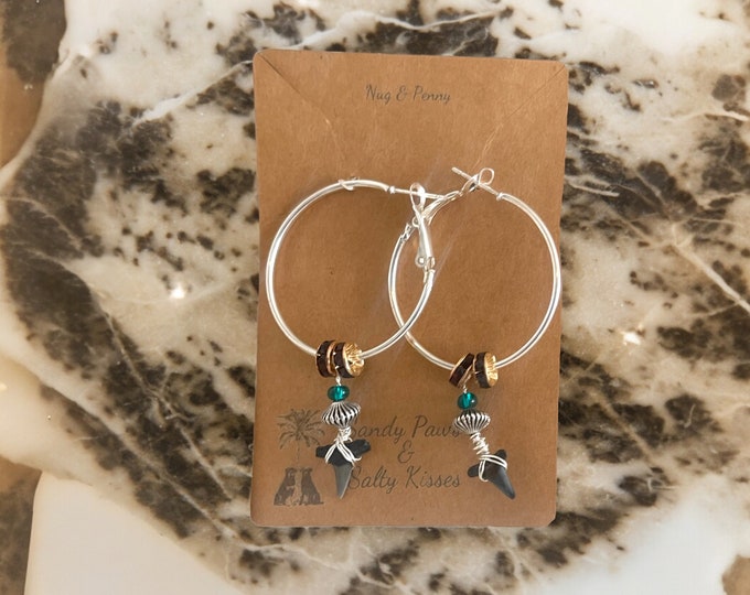 Real Handpicked Sharks Tooth on Beaded 35mm Silver Hoop Earrings | Nickel Free & Hypoallergenic | Authentic Florida Beach Jewelry |