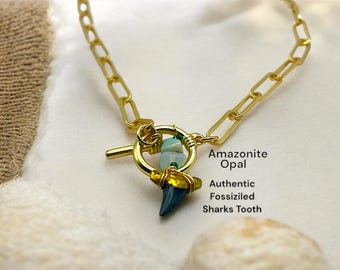 Gold Plated Shark Tooth Necklace, Opal and Amazonite Jewelry Dainty, Gold Shark Tooth Jewelry, Coastal Chic, Boho Beach Necklace, Fossil