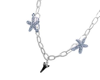 Shark Tooth Necklace with Starfish Charms – Coastal Jewelry for Ocean Lovers