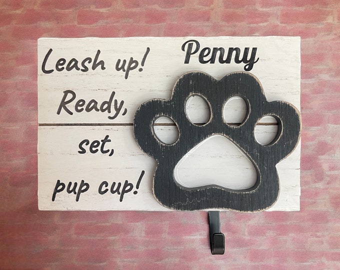 Pup Cup Custom Name Dog Leash Hanger - Puppy Accessories Organizer - Cute & Functional!