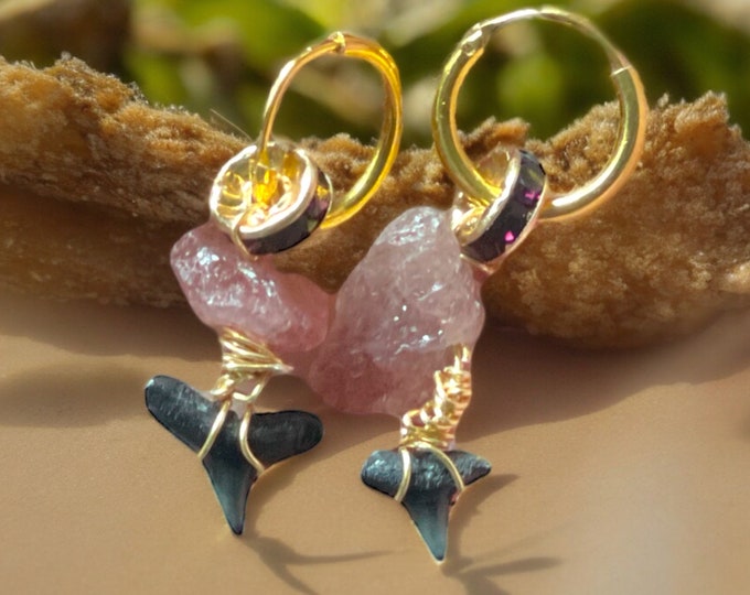 10 Karat Gold Plated Rose Quartz Sharks Tooth 10mm Hoop Earrings