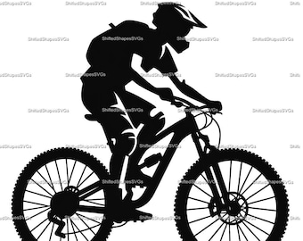 Puede incluir: Una silueta en blanco y negro de una persona montando una bicicleta de montaña. La persona lleva un casco y una mochila. La bicicleta tiene dos ruedas y una horquilla de suspensión.