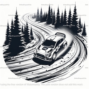 Rally car racing on a dirt road through a forest SVG bundle