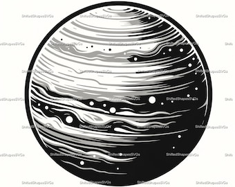 May include: A black and white illustration of Jupiter, a gas giant with swirling clouds and a large red spot. The planet is depicted in a circular shape with a white background.