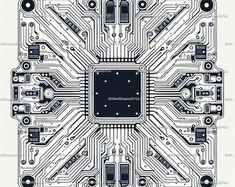 Peut inclure: Illustration en noir et blanc d'un circuit imprimé d'ordinateur. Le design présente des lignes complexes, des carrés et des composants rectangulaires, avec le texte "ShiftedShapesSVGs" répété sur les bords. Le carré central est sombre.
