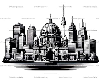 Può includere: Un'illustrazione in bianco e nero dello skyline di Berlino, con la Porta di Brandeburgo, la Cattedrale di Berlino e altri edifici iconici.